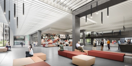 Visualisierte Darstellung des Eingangsbereich mit hohen Wänden und vielen Sitzmöchlichkeiten.