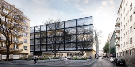 Visualisierung des Eingangsbereiches der Höfergasse. Ein Vorplatz mit begrünten Inseln und Bäumen.