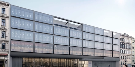 Visualisierung der Außenansicht. Fassade des Eingangsbereichs mit Glasmodulen an der Spitalgasse.