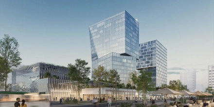 Visualisierung des Vorplatzes, inklusive zwei Gebäude im Hintergrund.